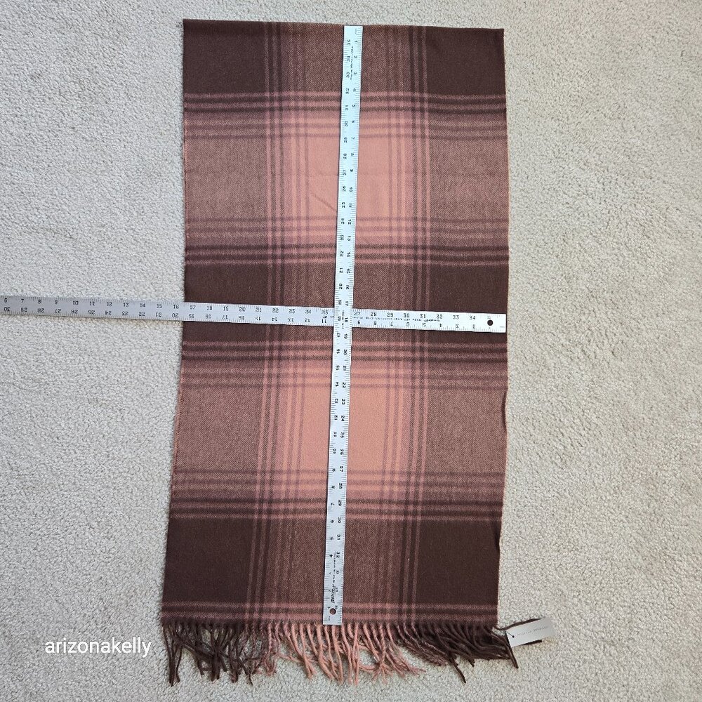 NWT Cashmere Wool Plaid Scarf Fringe Pink Brown
